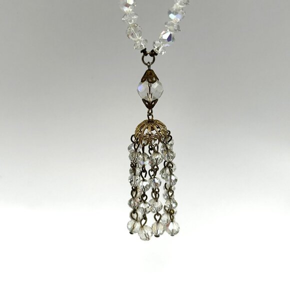 Vintage Aurora Borealis Crystal Tassel Necklace 26” Filigree Midcentury Cocktail - Picture 5 of 16